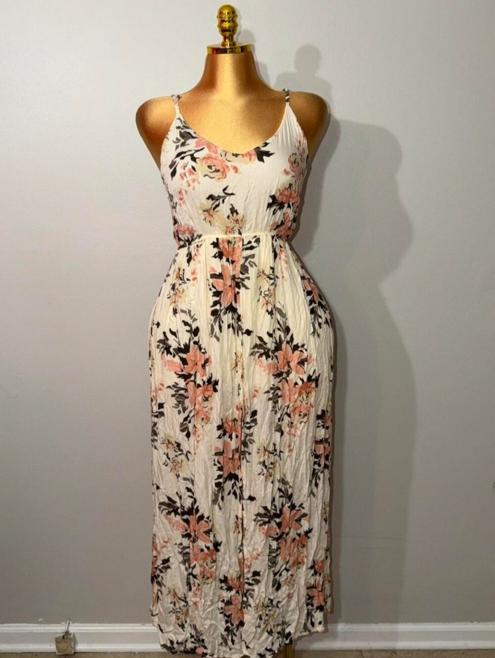 Sleeveless Cream Maxi Dress with Pink Floral Print